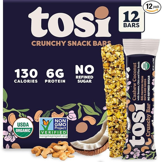 Tosi Nut Bars, Cashew Coconut, Healthy Snacks for Adults & Kids, Plant Based Crunchy Bars (6G Protein), Organic Keto Snacks, Vegan, Gluten & Soy Free, Low Sugar, Omega 3s, 1oz, 12-Pack