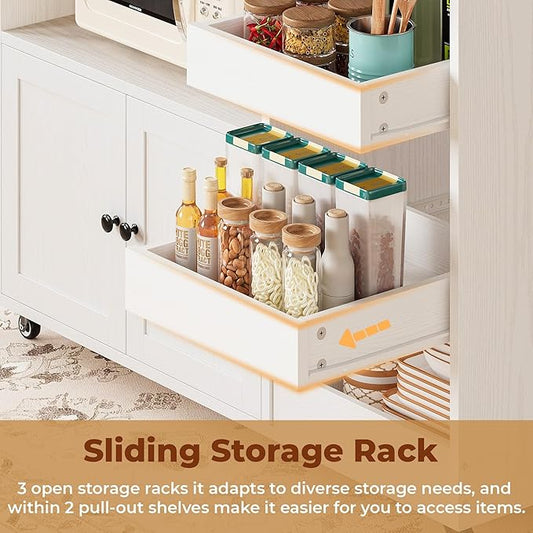 LIKIMIO Kitchen Island with Drop Leaf, Rolling Kitchen Island Cart on Wheels with Storage, Microwave Cart with Pull Out Open Shelves and Drawer, Mobile Kitchen Storage Islands, White
