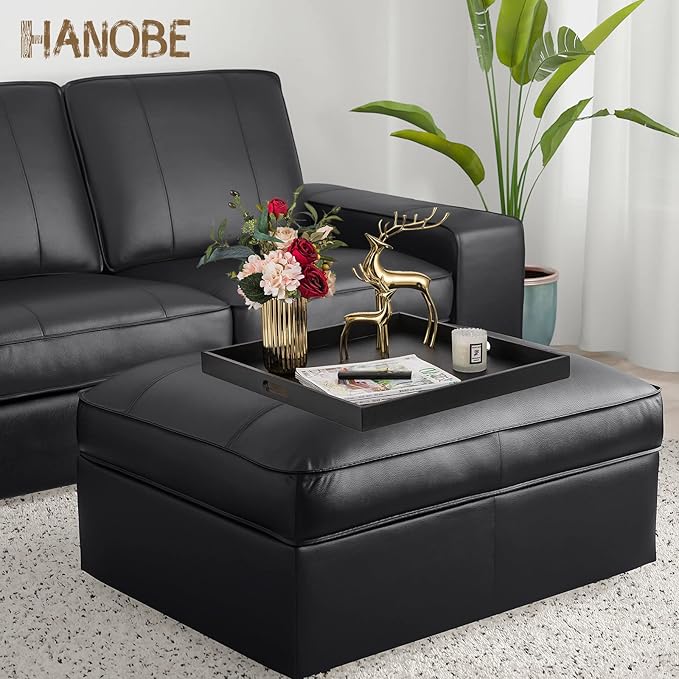 Hanobe Square Large Ottoman Tray: Extra Large Black Serving Tray for Ottomans Big Leather Decorative Tray with Handles for Coffee Table Living Room 22" x 22"