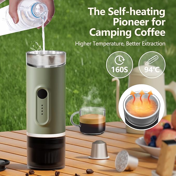Portable Electric Espresso Machine, Self-Heating Travel Coffee Maker with USB-C, Compatible with Ground Coffee & NS Capsules, Ideal for Camping, Car, RV, Hiking & Office (Army Green)