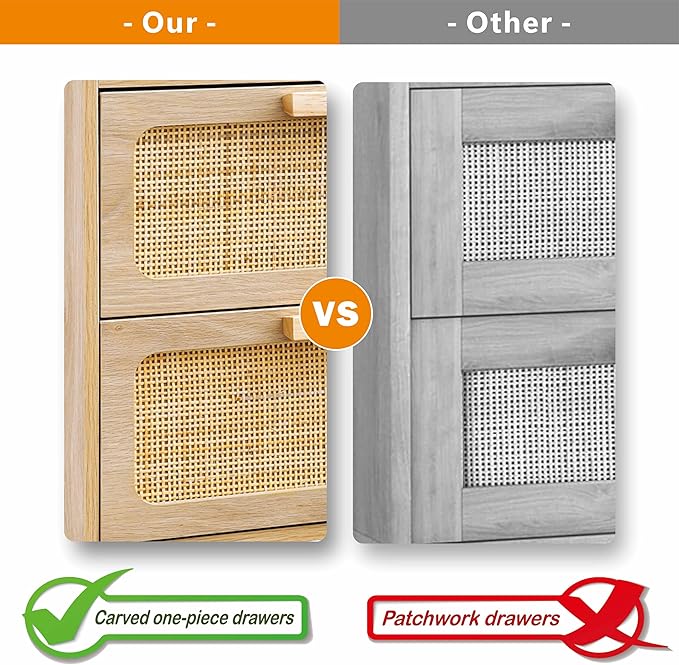 Small Rattan Nightstand,Boho Bedside with Storage,End Table,Side Table with 2 Hand Made Rattan Decorated Drawers for Small Space,Livingroom,Bedroom,Natural 11.8" D x 16" W x 22.4" H CTG59Y