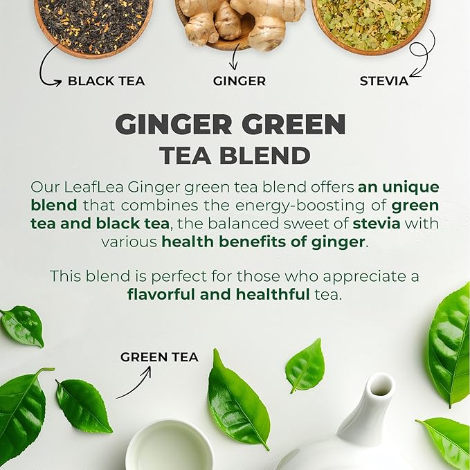 LeafLea Ginger Green Tea, 40 Individually Wrapped Tea Bags of Soothing Green Tea Blend with Natural Ginger Root, Sweetened with Stevia, Supports Digestion and Immunity, Low Caffeine, Sugar-Free