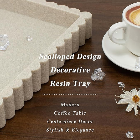 YMXYJM-Scalloped Coffee Table Tray，Ottoman Tray for Modern Home Decor. 14" Decorative Tray for Entryway Table Decor, Living Room Table Decor, Coffee Table Centerpiece - Beige Resin