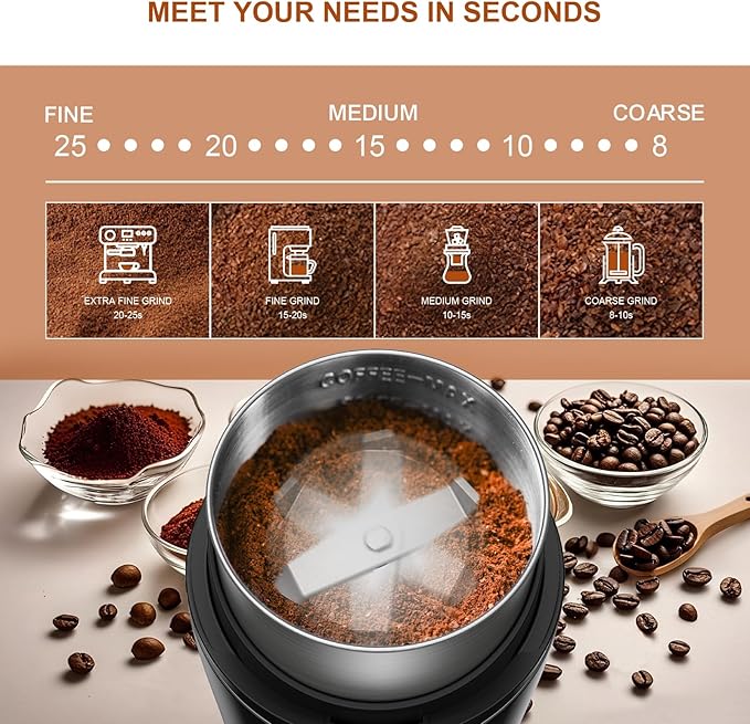 KIRAINAFLY Coffee and Spice Grinder, Espresso Grinder for Home Use, Stainless Steel Blade and Removable Cup, Multi-functional for Coffee Beans, Spices and More,Gray