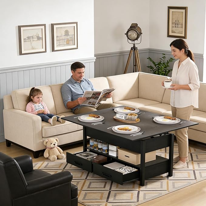 42'' Lift Top Coffee Table, 4-in-1 Multifunctional Lift Coffee Table with Storage & Hidden Compartments, Farmhouse Coffe Table with Lifting top for Living Room, Dining Reception Room, Black