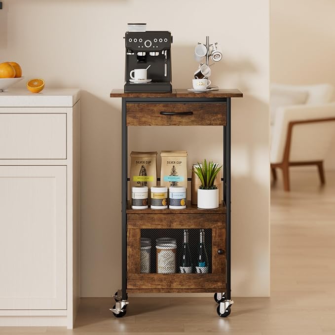 SWTYMIKI Buffets Coffee Bar Cabinet - Rolling Kitchen Rack, Farmhouse Small Coffee Stand with Storage Drawer and Door Cabinet - Kitchen Microwave Stand for Apartment, Living Room, Entryway, Espresso