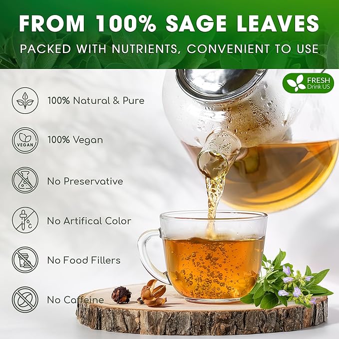 FreshDrinkUS, Premium 135 Sage Leaf Tea Bags, 100% Natural & Pure from Sage Leaves. Loose Leaf Herbal Tea. Made with Natural Material Tea Bags. No Sugar, No Caffeine, No Gluten, Vegan.
