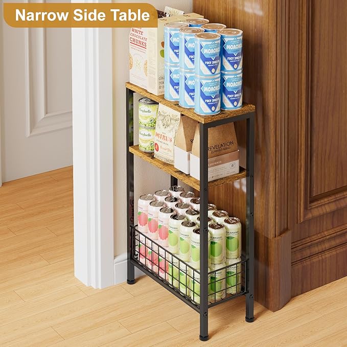 X-cosrack Narrow Side Table, Small End Table with Storage, 3-Tier Skinny Night Stand for Living Room, Bedroom, Small Spaces, Rustic Brown & Black(Patent Pending)