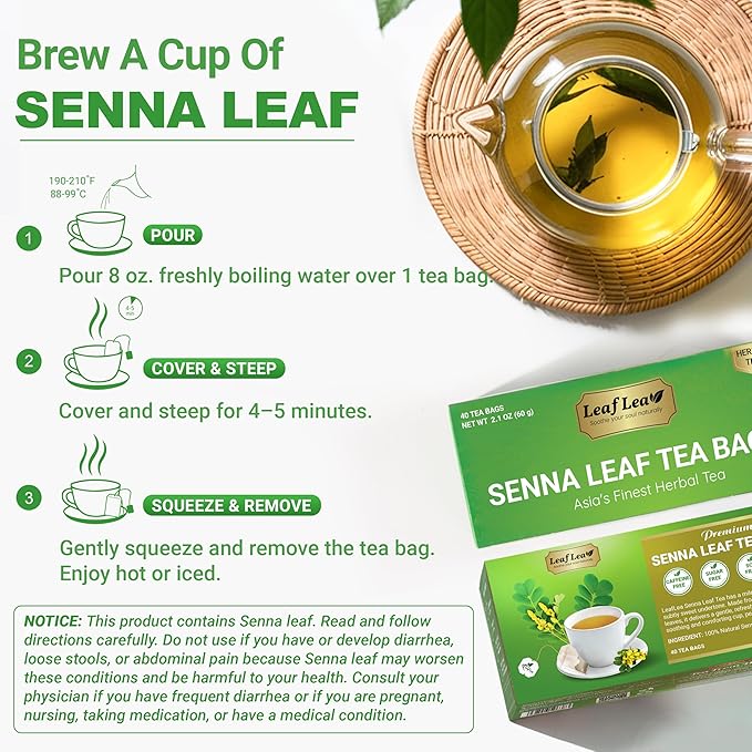 LeafLea 40 Senna Tea Bags – 100% Pure Senna Leaves, Herbal Laxative Tea for Gentle Constipation Relief, Caffeine-Free, Sugar-Free, Gluten-Free, Non-GMO, Vegan, Supports Digestive Health