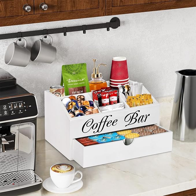 Coffee Bar Organizer Countertop, Wooden Bar Accessories With Drawer, Coffee Station Organizer Pods Holder Storage Basket, Farmhouse Tea Condiment Station
