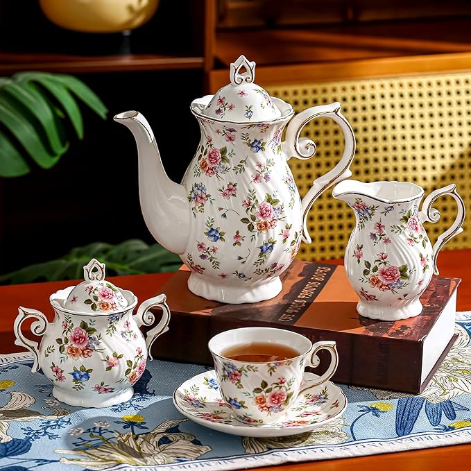 tea pot ceramic, Porcelain teapot with lid, 37oz for Tea, Milk, Coffee, Flower tea (White with small flowers)