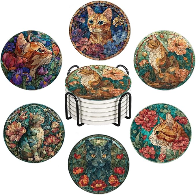 LOKMU Coasters for Drinks,Round Absorbent Ceramic Stone Coaster Sets of 6 with Metal Holder Stand,Stained Glass Cat and Flowers Coasters with Cork Base for Coffee Wooden Table,Housewarming Gifts