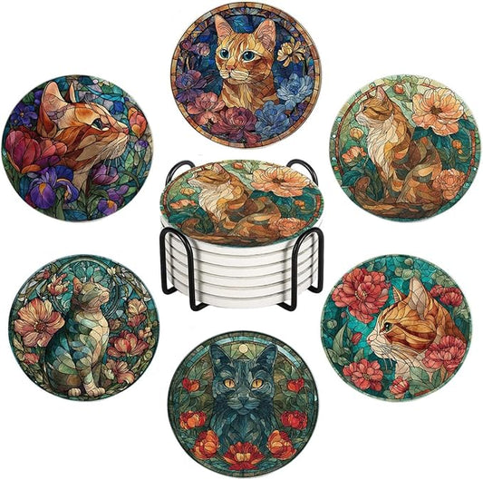 LOKMU Coasters for Drinks,Round Absorbent Ceramic Stone Coaster Sets of 6 with Metal Holder Stand,Stained Glass Cat and Flowers Coasters with Cork Base for Coffee Wooden Table,Housewarming Gifts