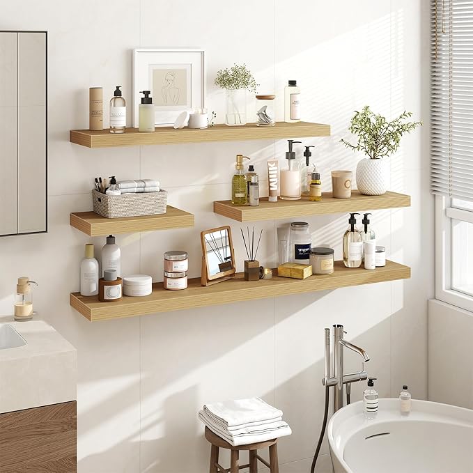 40 Inch Floating Shelves, 3D Textured Wood Grain, 40"x9.25"x1.5" Inch Deep Floating Shelves for Wall, Wooden Shelves for Bathroom, Bedroom, Living Room, Natural, 1 Piece