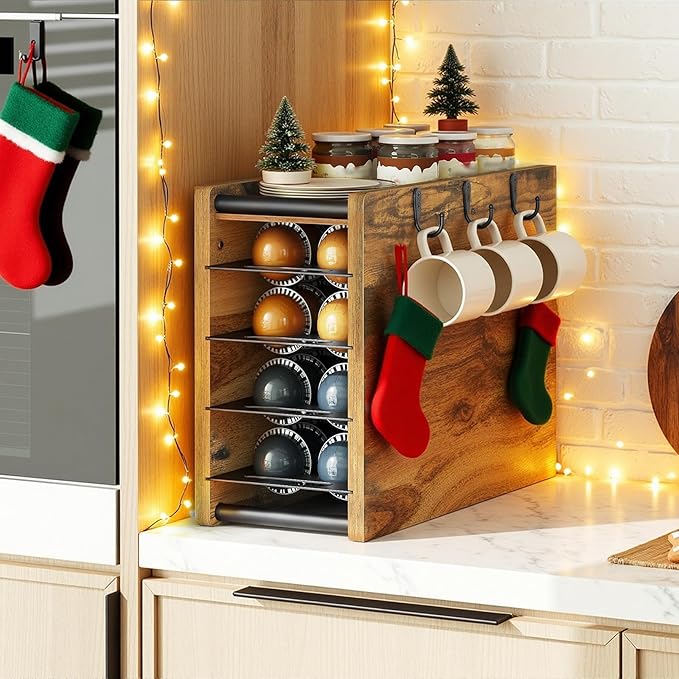 Coffee Pod Drawer Holder, 72 Pods Large Capacity, 4 Tier Holder for Vertuo, Coffee Pod Organizer for Countertop, Storage Rack for Nespresso Vertuo Pods, Space Saving, Rustic Brown KH06BR