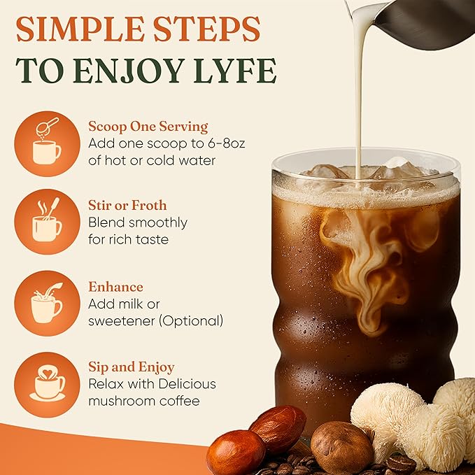 LYFE Organic Instant Decaf Mushroom Coffee, 40 Servings – Lion’s Mane, Chaga, Cordyceps & Turkey Tail | Adaptogenic Blend for Energy, Focus & Wellness | Natural Superfood Coffee for Daily Vitality