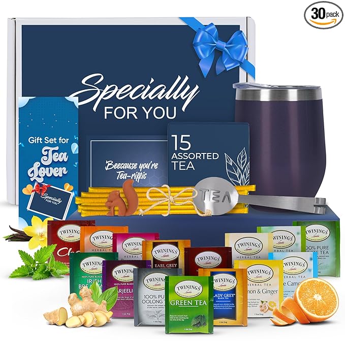Tea Gifts for Women – Sampler Gift Basket with 15 Unique Blends, Honey Sticks, Stainless Tumbler & Gift-Ready Box (Blue/Blue box)