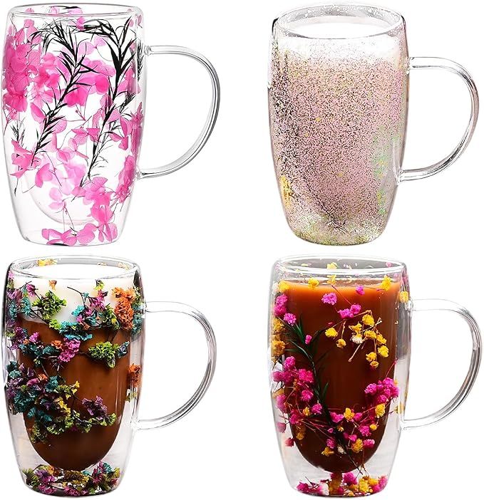 Creative Flowers Double Wall Clear Glass Coffee Mug with Handle, Aesthetic Dried Flowers Coffee Mug, Clear Double Insulated Glass Cup for Hot and Cold Beverages, Cappuccino, (D)