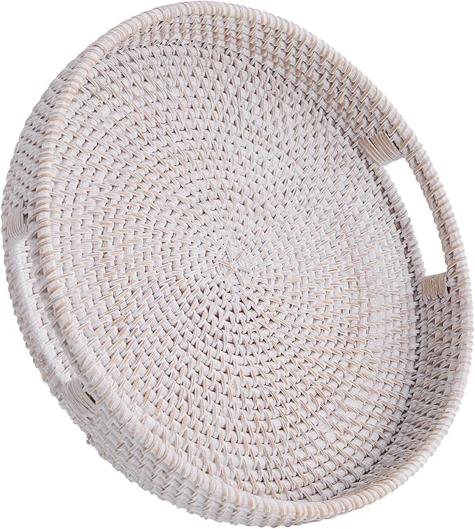 Round Rattan Serving Tray,Hand-Woven Tray with Handles, Ottoman Decorative Coffee Table Tray,Wicker Storage Basket for Tea,Fruit,Bread (Whitewash, 13.5")