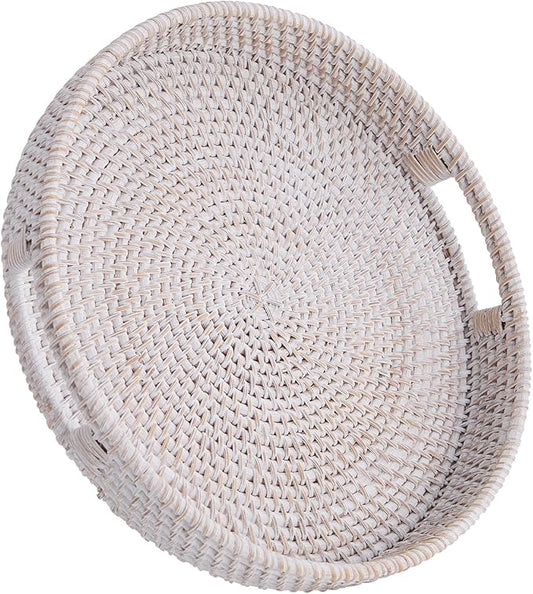 Round Rattan Serving Tray,Hand-Woven Tray with Handles, Ottoman Decorative Coffee Table Tray,Wicker Storage Basket for Tea,Fruit,Bread (Whitewash, 13.5")