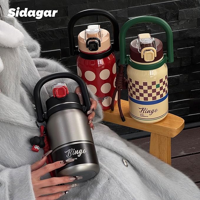 32 oz Insulated Water Bottle with Handle & Straw, Stainless Steel Double Wall Vacuum Tumbler, Leakproof Bottle Drinks Flask for Women grey