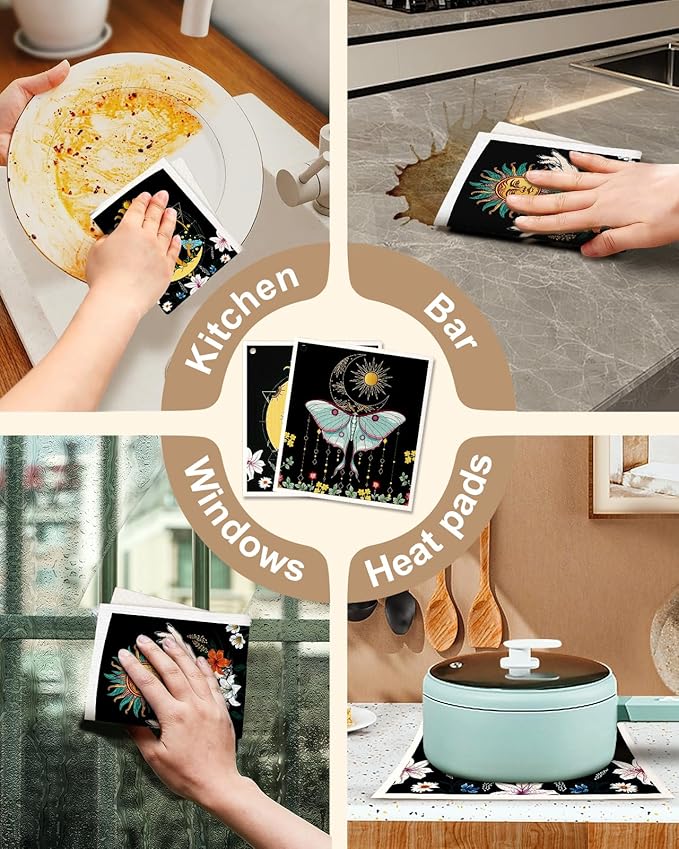 Kitchen Swedish Dishcloths with Hooks - 6 Pack Reusable Dish Cloths for Washing Dishes Fast Drying Cute Fun Swedish Dish Towels Washable Cleaning Sponge, Sun Moon Butterfly
