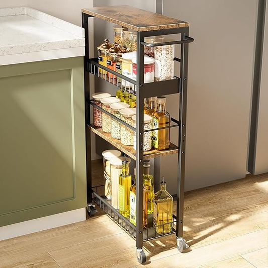 Slim Storage Rolling Cart, 4 Tier Narrow Cart with Wheels, Metal Kitchen Rolling Cart for Small Spaces, Slide Out Storage Shelves for Kitchen, Laundry Room, Bathroom, Living Room, 7.1in(W)