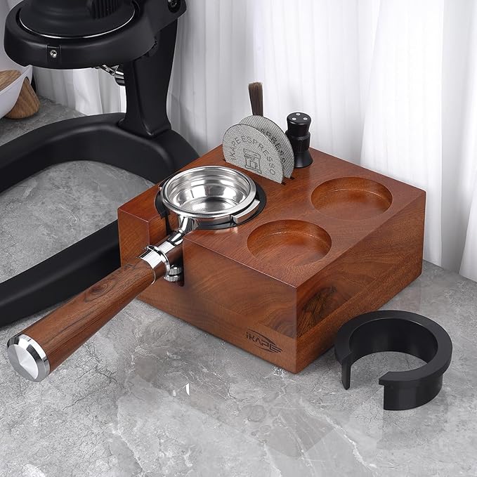 IKAPE Espresso Tamper Holder, Wooden Coffee Tamper Station Base, Natural Walnut Espresso Tamp Mat Stand Fit for 51, 54, 58mm Espresso Accessories, Smile Modeling