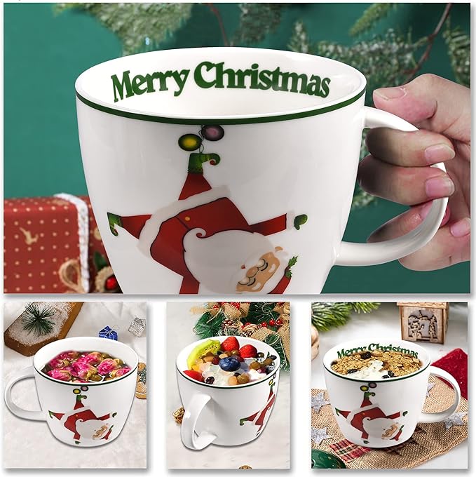 Merry Christmas Coffee Mug Huge Novelty Cup Funny Ceramic Soup Bowl with Handle, 30 oz Wide, Multi-purpose, Santa Mug for Co-workers, Friends, Holiday Decor, White Green Letters