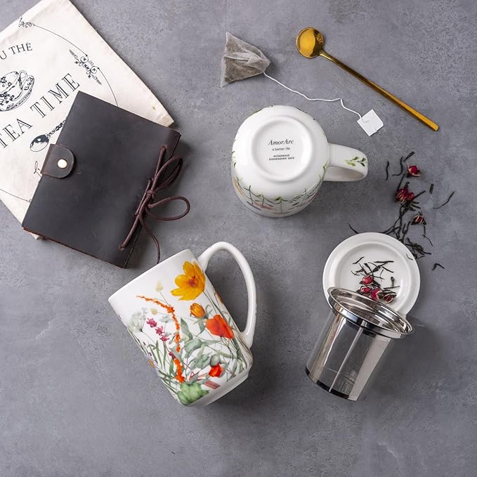 AmorArc Porcelain Tea Mug with Infuser and Lids, 18 Oz Large Cup Strainer with Bag Holder for Loose Leaf Tea, Steeping Coffee Mug for House-warming Wedding Birthday Gift