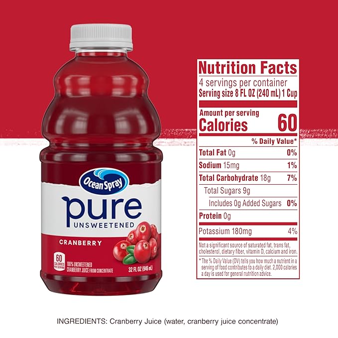 Ocean Spray® Pure Unsweetened Cranberry, 100% Cranberry Juice From Concentrate, 32 Fl Oz Bottle (Pack of 8)
