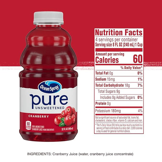 Ocean Spray® Pure Unsweetened Cranberry, 100% Cranberry Juice From Concentrate, 32 Fl Oz Bottle (Pack of 8)