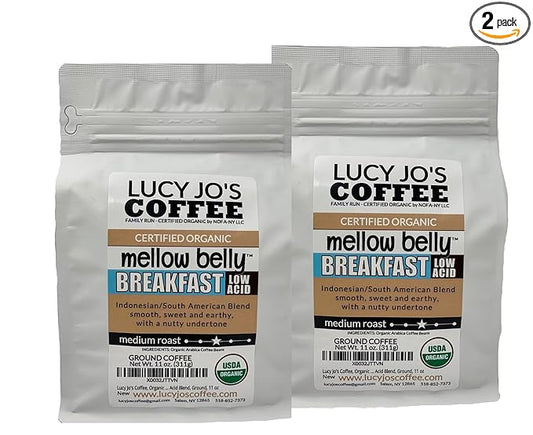 Lucy Jo's Coffee, Organic Mellow Belly Breakfast Low Acid Blend, Medium Roast, Ground, 11 oz (2 Pack 11oz, Smooth, sweet and earthy, with a nutty undertone)