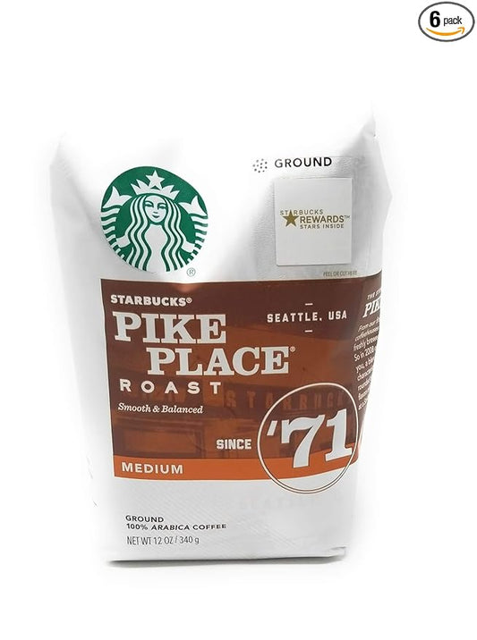 Starbucks Pike Place Roast Coffee Ground Medium Bags, 12 OZ (Pack of 6)