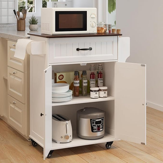 Gizoon Kitchen Island Cart with Adjustable Shelf, 33" W White Mobile Trolley Cart on Metal Wheels with Drawer & Storage Cabinet, Spice Rack & Towel Rack, for Dining Room, Bar, Retro Wooden Countertop