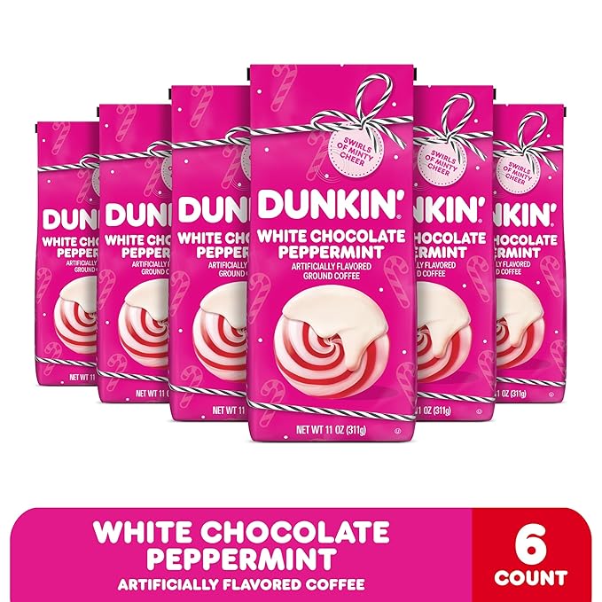 Dunkin’ White Chocolate Peppermint Artificially Flavored Ground Coffee, 11 oz. Bag, 6 Count