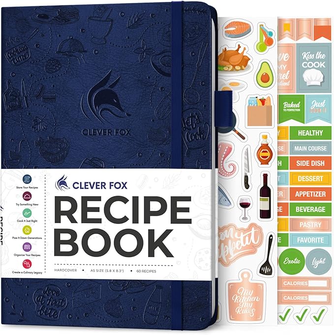 Clever Fox Recipe Book – Blank Family Cookbook – Empty Cooking Journal – Notebook Organizer to Write In Recipes – Medium, A5 (Dark Blue)