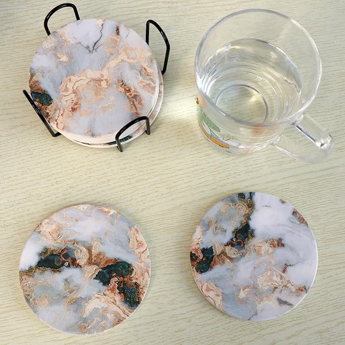 White Marble Ceramic Coasters with Holder Absorbent Drink Coaster Set Outdoor Round Abstract Cute Table Decorative Coffee Cup Beverage Fun Wine Beer Bar Gold Housewarming 6 Pack