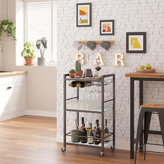 TUTOTAK Bar Cart, Home Bar Serving Cart, Microwave Cart, Drink Cart, Mobile Kitchen Shelf with Wine Rack and Glass Holder, Rolling Beverage Cart for Living Room, Kitchen BC01BM032
