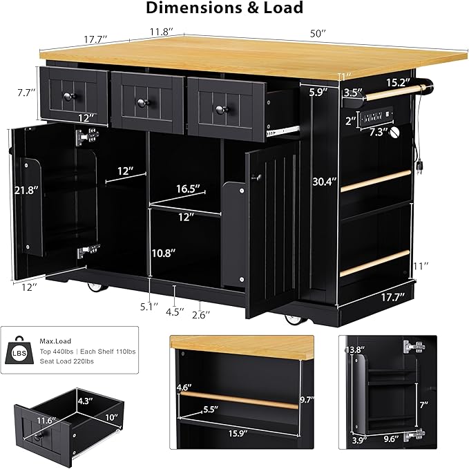 Yayzy Rolling Kitchen Island with Drop Leaf & Storage, Mobile Kitchen Cart on Wheels with 5 Open Shelves, Towel Rack & Power Outlet for Kitchen and Dining Room, Black, 53-Inch