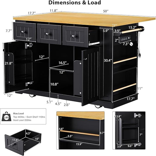 Yayzy Rolling Kitchen Island with Drop Leaf & Storage, Mobile Kitchen Cart on Wheels with 5 Open Shelves, Towel Rack & Power Outlet for Kitchen and Dining Room, Black, 53-Inch
