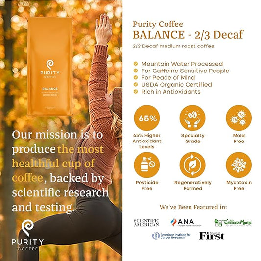 Purity Coffee BALANCE 2/3 Decaf Medium Roast Ground Coffee (12oz Bag) - Specialty-Grade Mountain Water Processed Decaf + Regular Arabica Blend- USDA Certified Organic Decaffeinated - Third Party Tested for Mold, Mycotoxins, Pesticide Residue