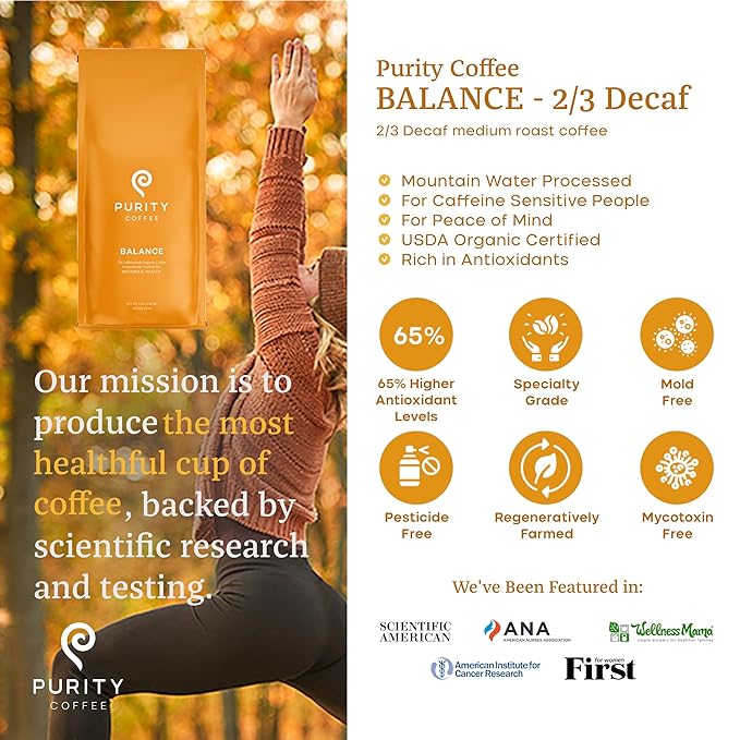 Purity Coffee BALANCE 2/3 Decaf Medium Roast Whole Bean Coffee (5lb Bag) - Specialty-Grade Mountain Water Processed Decaf + Regular Arabica Blend- USDA Certified Organic Decaffeinated - Third Party Tested for Mold, Mycotoxins, Pesticide Residue