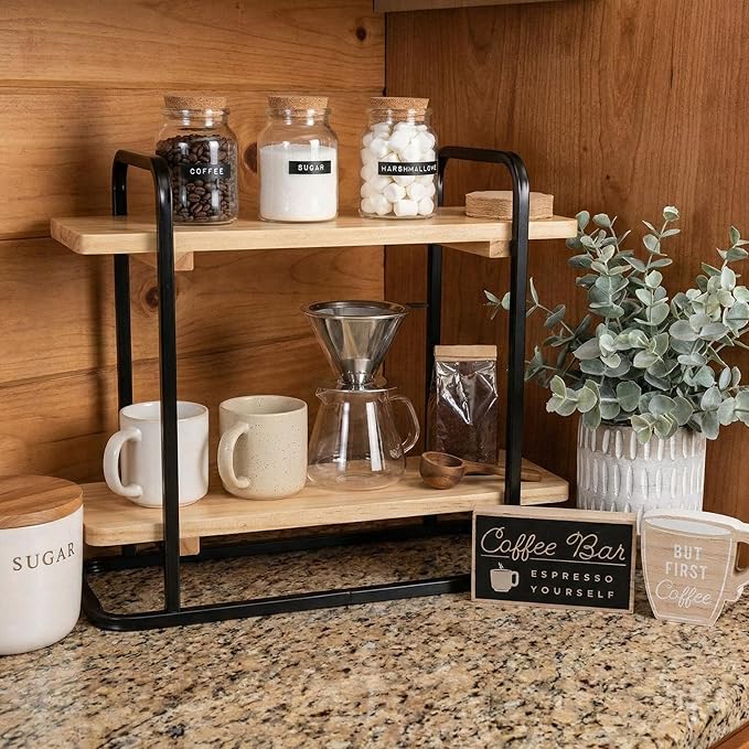 Bokon Coffee Station Organizer 2 Tier Wooden Serving Tray Charcuterie Board Stands Rectangle Coffee Bar Organizer Dessert Display Stand Tiered Cupcake Stand for Kitchen, Office, Home