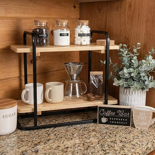 Bokon Coffee Station Organizer 2 Tier Wooden Serving Tray Charcuterie Board Stands Rectangle Coffee Bar Organizer Dessert Display Stand Tiered Cupcake Stand for Kitchen, Office, Home