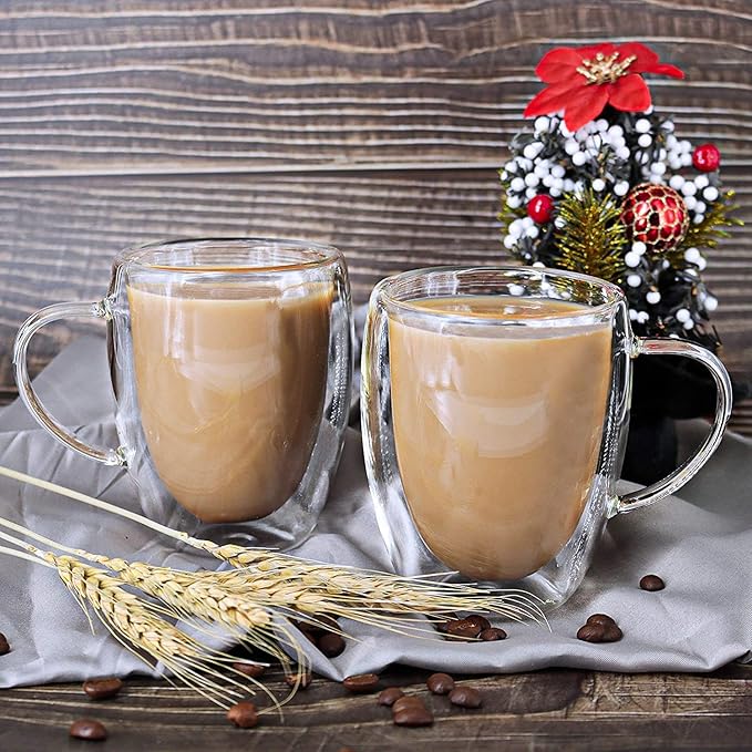 12 Oz Double Walled Glass Coffee Mugs, 2 Packs Clear Coffee Mugs with Lids Insulated Coffee Cups with Handle Perfect for Cappuccino,Tea,milk ,Espresso,Latte, Hot Beverage Set of 2 (Glass lid, 12oz)