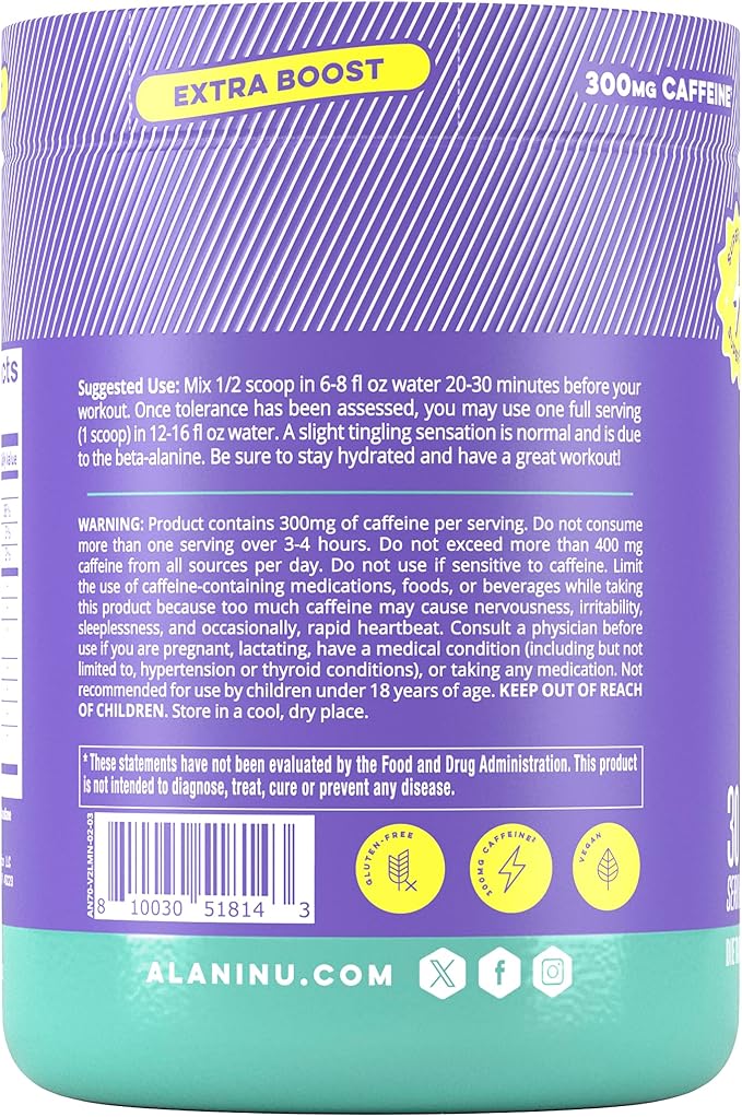 Alani Nu Pre Workout+ Powder Frozen Lemonade, Extra Boost, Sugar Free, 300mg Caffeine, L-Theanine, Beta-Alanine, Citrulline, 30 Servings, (Pack of 2)