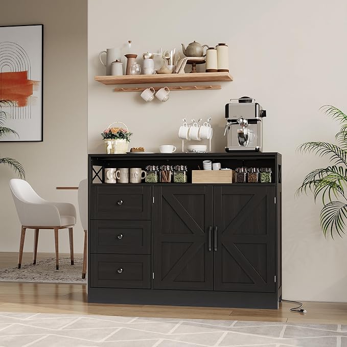 GAOMON 51Inch Sideboard Buffet Cabinet, Wood Rustic Coffee Bar Large Buffet Storage Cabinet with Drawers and Power Outlets Shelves Doors for Dining Kitchen Living Room, Black
