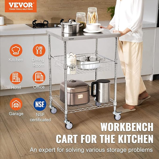 VEVOR Kitchen Utility Cart, 36.6"x20"x24" 3 Tiers Wire Rolling Cart, 470LBS Capacity Steel Service Cart with Brake Wheels, Storage Trolley with 76mm Basket PP Liner 6 Hooks, for Indoor & Outdoor Use