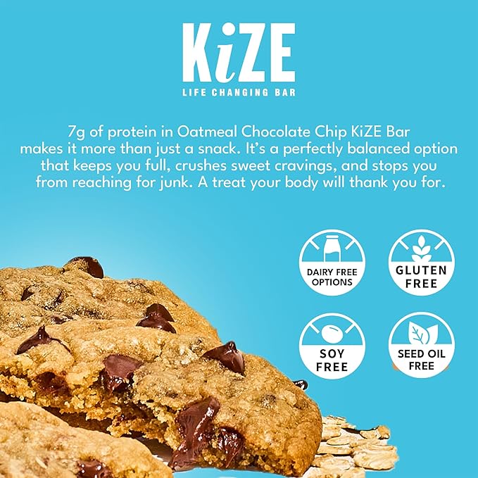 KiZE Energy Bars - Oatmeal Chocolate Chip - Gluten Free, Dairy Free, Non-GMO, and High Protein Meal Replacement Energy Bars, Clean and Simple Food Ingredients - 7g High Protein Snacks, (10 Count)